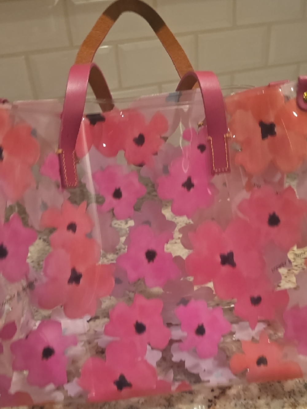 Beautiful Dooney And Bourke Pink Floral Clear Shopper with Leather Handles - Picture 6 of 16
